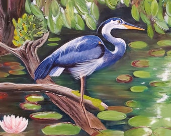 Blue Heron with Lililes Giclee Print