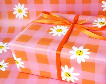 Daisies Gift Wrap, Gingham Wrapping Paper, Birthday, Present, Daisy Flower Pattern, Orange, Pink, Eco-Friendly, Recyclable