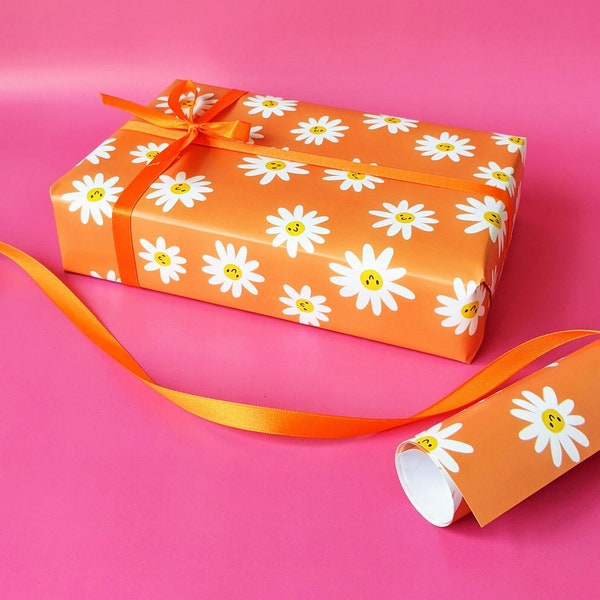 Papier cadeau fleurs marguerites, Papier cadeau orange, Anniversaire, Cadeau, Motif marguerites, Illustration originale, Respectueux de l'environnement, Recyclable