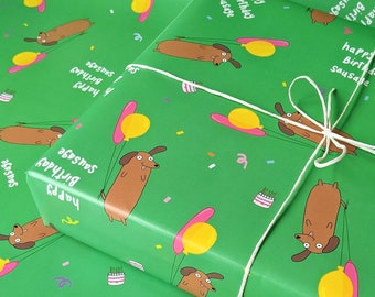 Happy Birthday Sausage Dog Gift Wrap, Funny Dachshund Wrapping Paper, Present, Humour, Cute, Pet, Illustrated, Eco-Friendly, Recyclable