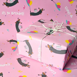 Funny Sausage Dog Birthday Gift Wrap, Dachshund Wrapping Paper, Present, Go Shorty Pun, Pet, Illustrated, Eco-Friendly, Recyclable