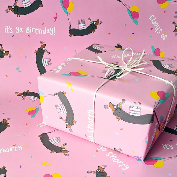 Funny Sausage Dog Birthday Gift Wrap, Dachshund Wrapping Paper, Present, Go Shorty Pun, Pet, Illustrated, Eco-Friendly, Recyclable