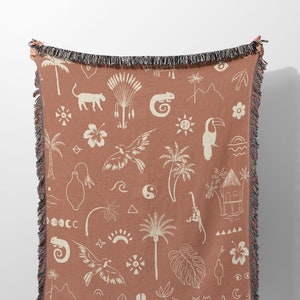 Jungle  Blanket, Nature Inspired Throw Blanket, Neutral Room Decor Tropical Couch Throw, Monkey Toucan Chameleon Rainforest Kids Room Decor
