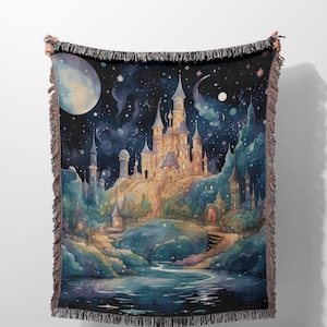 Wizard Castle Blanket, Dark Princess Woven Blanket For Couch, Celestial Fantasy Tapestry, Wizard Blanket Tapestry, Wizard Decor For Teens