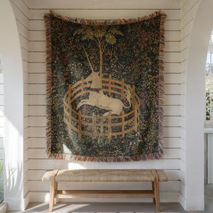 Last Unicorn Tapestry Woven or Fleece Blanket – Gothic Medieval-Inspired Throw with Enchanted Forest Design