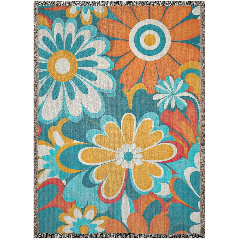 Retro Daisy Woven Blanket Blue Floral Throw Blanket for Couch, Floral