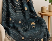 Celestial Woven Blanket, Night Sky Stars Throw Blanket for