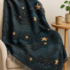 Celestial Woven Blanket, Night Sky Stars Throw Blanket for