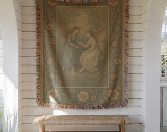 Woven Fairy Tapestry Blanket: Victorian Angel, Floral Wall Hanging