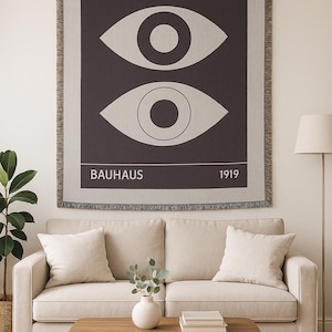 Bauhaus Print Throw Blanket, Black White Modern Home Decor, Bold Minimalist Woven Blanket, Bauhaus Poster Tapestry, Eye Mid-Century Throw