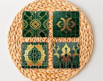 Art Deco Style Keramik Untersetzer Set, Grün Gold Geometrische Getränkeuntersetzer, Art Deco New Home Drink Coaster Geschenke, Faux-Mosaik-Fliesen-Untersetzer