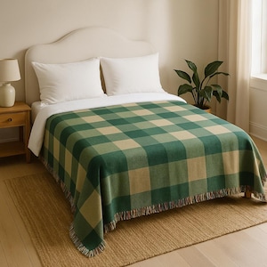 Teal Green Plaid Woven Blanket – Rustic Cabin Throw, Forest Checkered Blanket, Cozy Lodge Decor in Sage and Cream