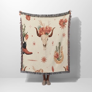 Pink Cow Skull Blanket, Western Woven Blanket, Country Throw Blanket For Couch, Tapestry Wall Hanging, Picnic Blanket or Beach Blank
