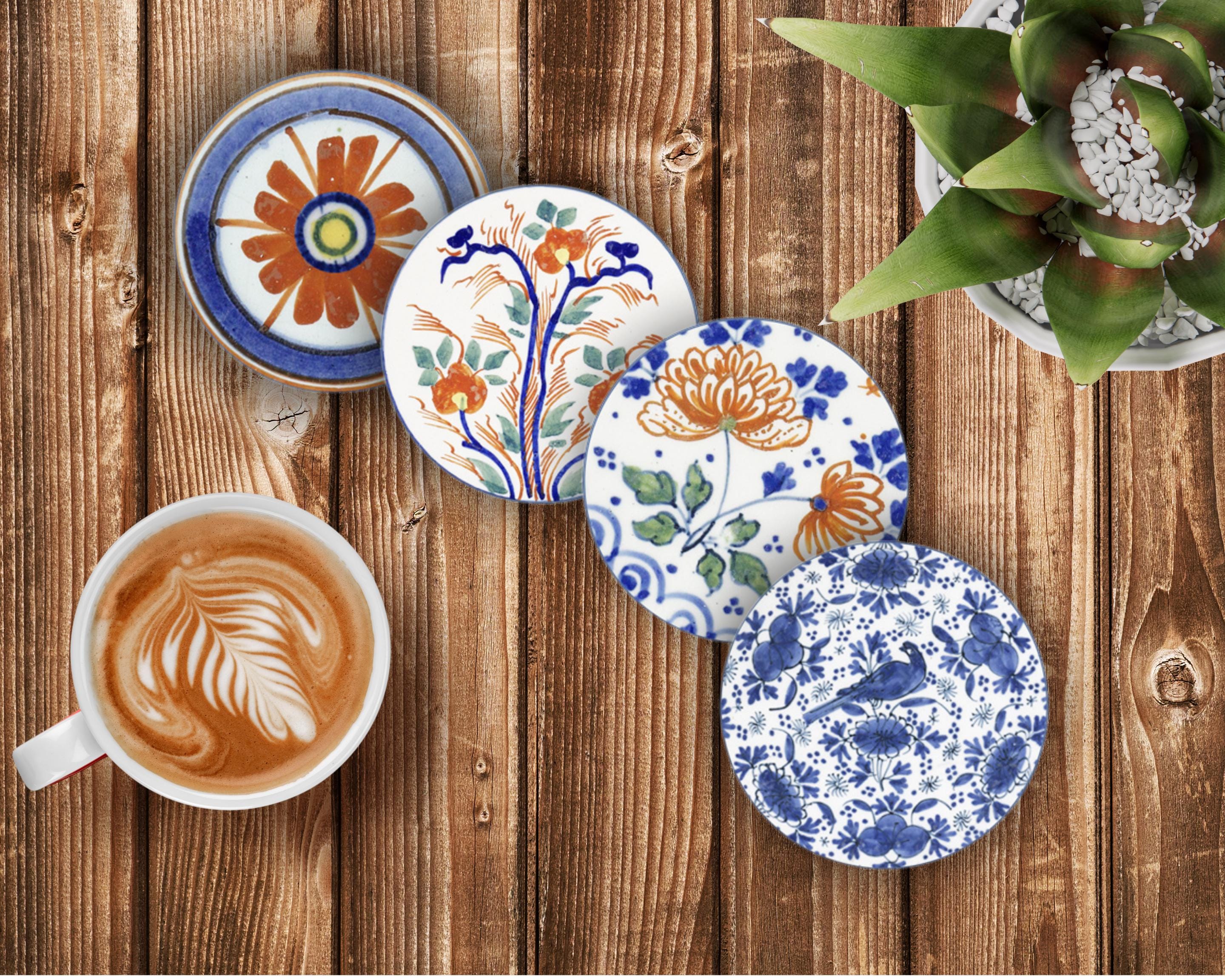 Delft Style Ceramic Coaster Set, Mix n Match Scandinavian Coasters, Blue White Floral Coasters, Chinoiserie Coaster Gifts
