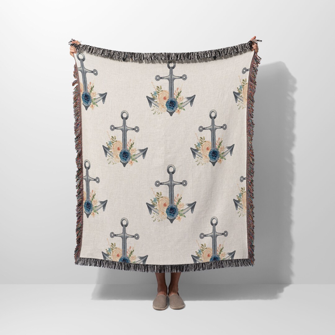 Nautical Blanket, Floral Woven Blanket, Throw Blanket for Couch, Anchor Tapestry Wall Hanging