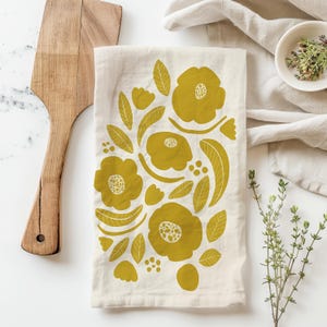 Floral Kitchen Towel – Mustard Yellow Folk Art Flower Print, Scandinavian Cotton Linen for Modern or Rustic Farmhouse Kitchens