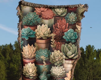 Cactus Woven Blanket, Southwestern Throw Blanket, Cactus Gift Succulent Tapestry Wall Hanging, Potted Plants Garden Beach Blanket