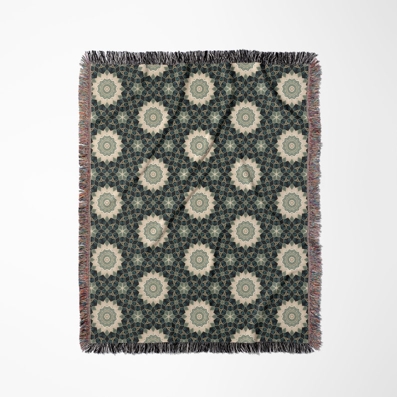 Geometric Blanket With Fringe, Gray Green Throw Blanket for Couch