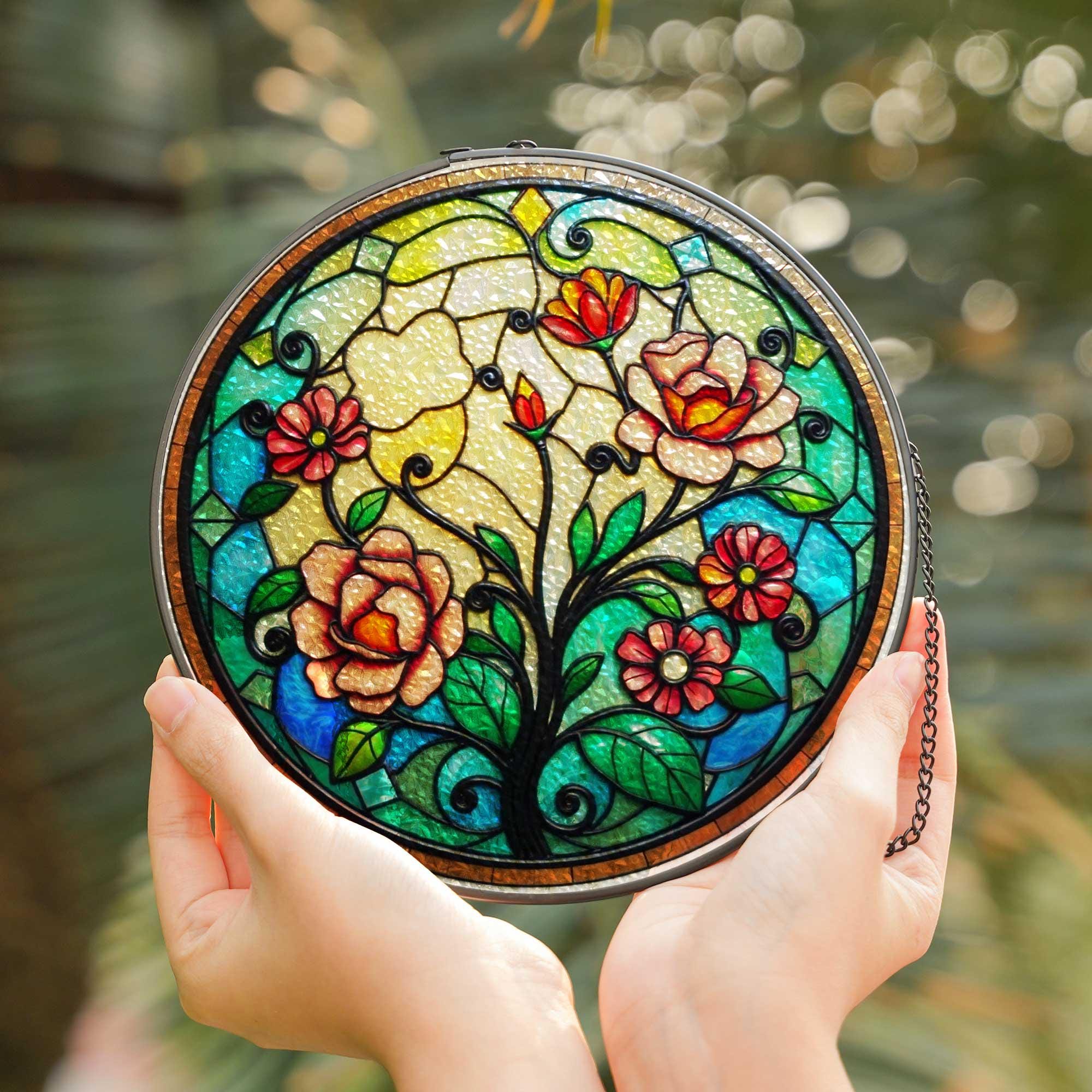 花柄ステンドグラスサンキャッチャー - 丸型吊り下げ窓アート、ローズ