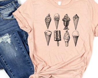 Minimalist Ice Cream Shirt, Hand-drawn Ice Cream Cones and Bars, Summer Apparel or Party Wear Gift