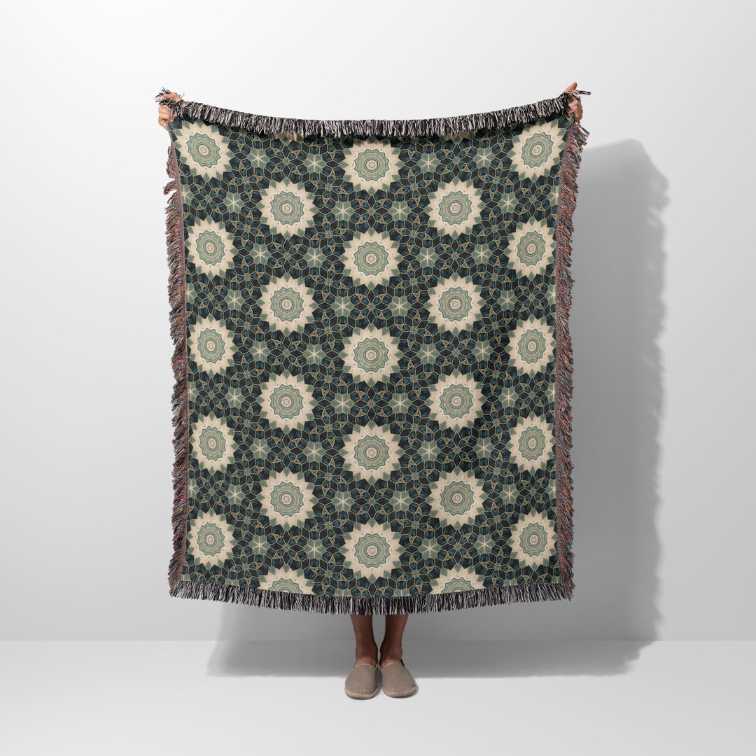 Geometric Blanket With Fringe, Gray Green Throw Blanket for Couch