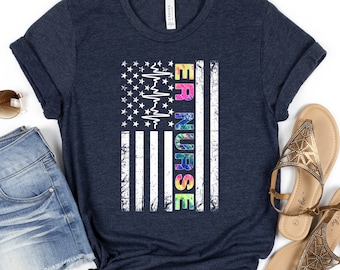 Tie Dye American Flag Shirt For ER Nurse, Patriotic Nurse Shirt, Emergency Nurse Gift