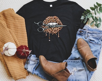 Hairstylist Leopard Print Lips Shirt, Hairstylist Gift with Hair Cutting Scissors, Custom Salon Shirt for Spa, Beautician, Beauty Parlor