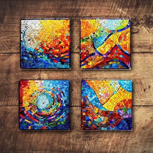 Bright Mosaic Coaster Set, Abstract Beverage Coasters, Modern Decor New Home Drink Coaster Gifts, Unique Tile Coasters, Ceramic Cork