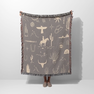 Southwestern Blanket, Gray Cactus Woven Blanket, Cowboy Throw For Couch, Country Western Cowgirl Tapestry Wall Hanging,