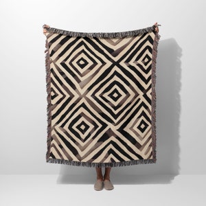 Brown Cream Woven Blanket, Geometric Throw Blanket For Couch, Boho Tapestry Wall Hanging, Picnic Blanket or Beach Blanket