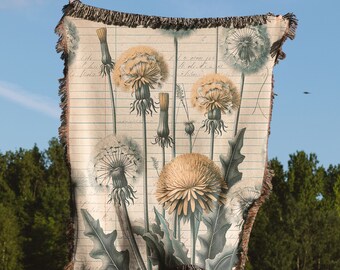 Dandelion Woven Blanket, Floral Junk Journal Throw Blanket For Couch, Dandelion Tapestry Wall Hanging, Picnic Blanket or Beach Blanket