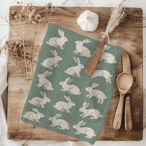 Rabbit Kitchen Towel: Cottagecore Bunny Tea Towel - Sage Green Cotton
