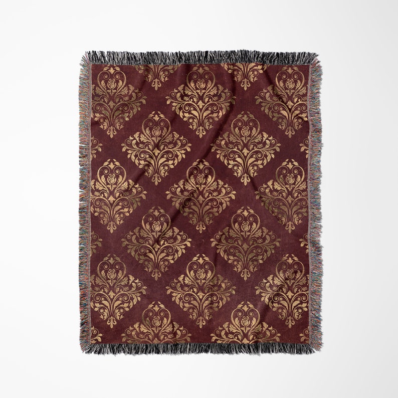 Red Gold Damask Woven Blanket, Berry Throw Blanket for Couch, Gothic