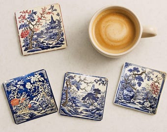 Chinoiserie Keramik-Untersetzer-Set, japanisches Dekor-Getränkeuntersetzer, neue Haus-Getränkeuntersetzer-Geschenke, japanische Kunst-Fliesenuntersetzer