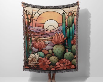 Desert Stained Glass Blanket, Cactus Woven Blanket, Throw Blanket For Couch, Tapestry Wall Hanging, Picnic Blanket or Beach Blanket