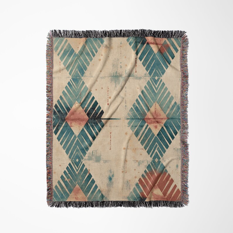 Aztec Woven Blanket, Blue Geometric Throw Blanket for Couch, Tribal