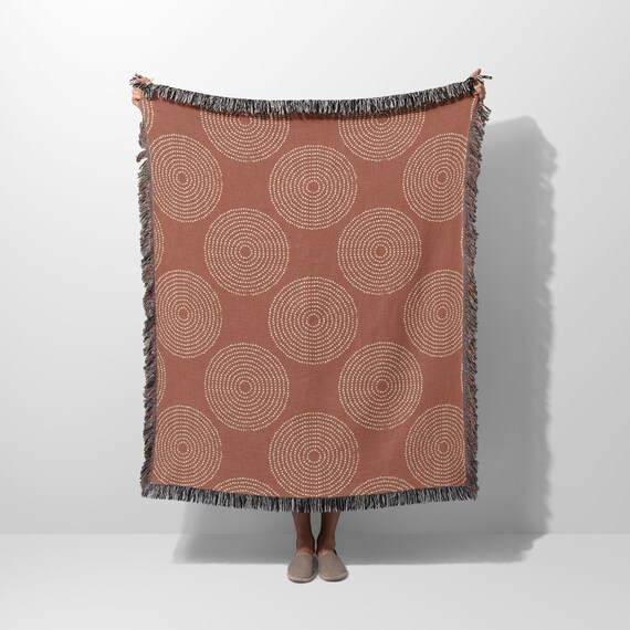 Rust Red Geometric Blanket Circle Motif, Boho Throw Blanket for