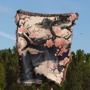 Japanese Blanket, Cherry Blossom Woven Blanket, Throw Blanket For Couch, Japanese Tapestry Wall Hanging, Picnic Blanket or Beach Blanket