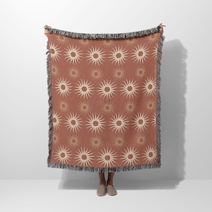 Sun Burst Woven Blanket with Fringe, Terra Cotta Throw Blanket For Couch, Celestial Tapestry Wall Hanging, Picnic Blanket or Beach Blanket