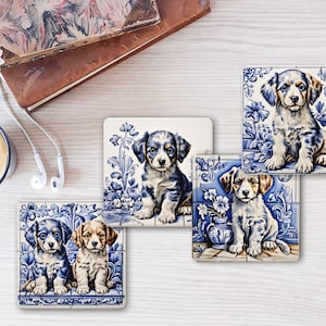 Dog Delft Style Ceramic Coaster Set, Blue White Puppy Beverage Coasters Gift for Dog Lover, New Home Drink Coaster Gifts, Dog Mom Birthday