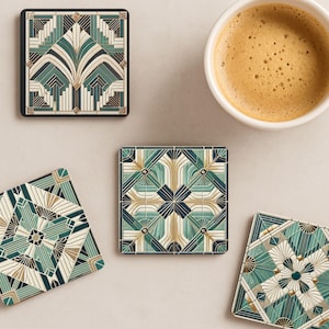 Sottobicchieri in mosaico Art Déco: sottobicchieri geometrici verdi e dorati