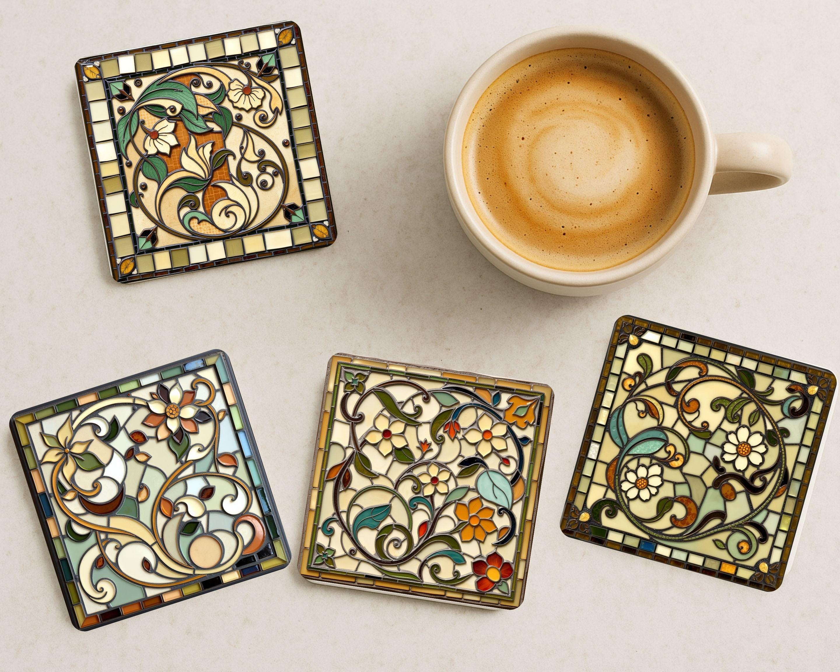 Jugendstil-Untersetzer - Vintage-Blumenuntersetzer, botanisches Wohndekor, Keramik- oder Holzset, elegantes, von der Natur inspiriertes Geschenk