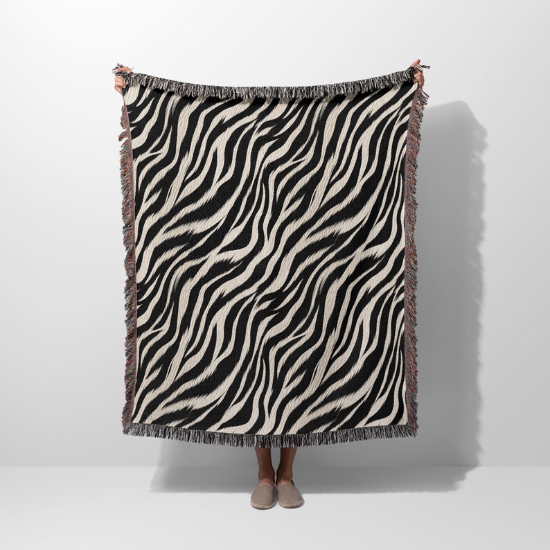 Zebra Blanket, Animal Print Woven Blanket, Black and Cream Modern