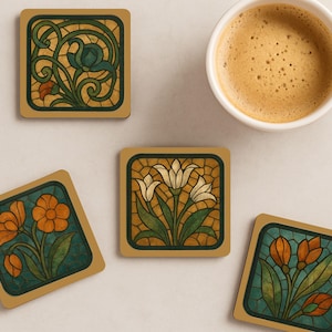 Floral Coaster Set: Art Nouveau Botanical Drink Coasters - Wood or Soapstone
