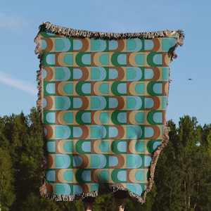 Teal Green Knit Blanket, Midcentury Modern Geometric Throw Blanket, Midcentury Wall Tapestry or Beach Blanket