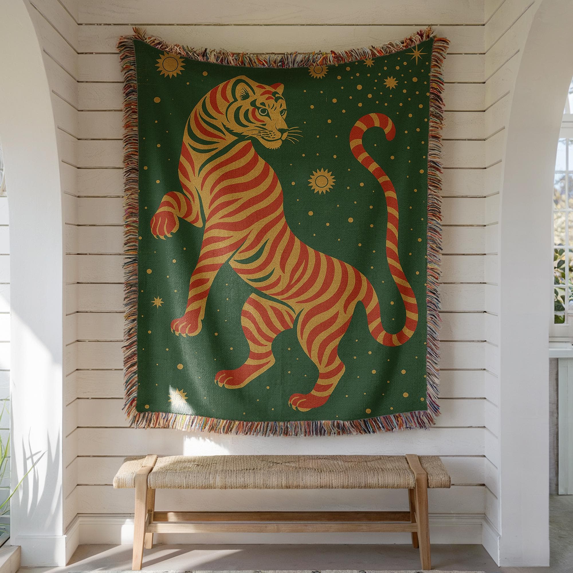 Tiger Woven Cotton Blanket: Asian Folk Art Tapestry Throw