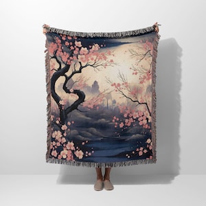 Japanese Woven Blanket – Cherry Blossom Throw, Woven Sakura Tapestry, Couch or Picnic Blanket, Boho Japanese Decor Gift
