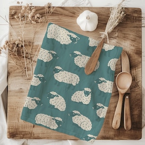 Sheep Kitchen Towel – Farmhouse Animal Dish Towel in Teal and Cream, Cute Wool Sheep Tea Towel for Rustic or Country Kitchen Decor