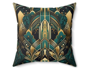 Teal Green Couch Pillow Art Deco Decor, Green & Gold Accent Pillow for Bedroom or Livingroom