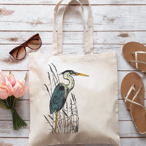 Japanese Art Blue Heron Canvas Tote Bag, Bird Watcher Gift, Gift For Ornithologist